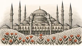 Blue Ottoman mosque with tall minarets overlooks a bustling bazaar marketplace filled with crimson tulips and textiles.