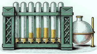 A rack of test tubes holding colored salts stands beside a copper ingot and a sealed ampoule.