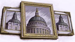 A gilded portrait frame displays a mysterious painting in a London study.