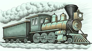 A glowing steam locomotive rushes through swirling night snow, its bell and whistle catching the light.