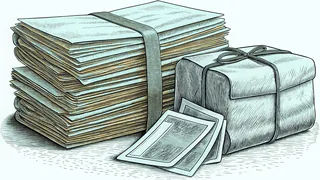 A stack of envelopes and stamps sits beside a mailbox and a wrapped parcel.