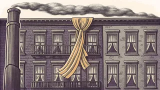 A suffrage sash drapes over a tenement stoop beneath a smoking factory chimney.