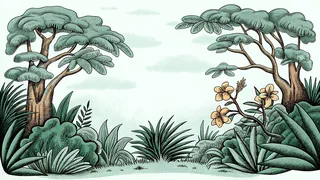 Dense tropical rainforest with jaguars, exotic birds, and tangled hanging vines.