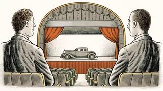 Jazz musicians play saxophone and piano inside a dimly lit speakeasy with a vintage automobile parked outside.