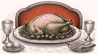 A golden roasted turkey sits on a platter, ready to be carved.