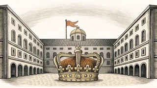 An ornate crown and a red flag rest above a cobblestone square beside a factory bell.
