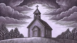 A scarlet embroidered patch lies on folded cloth beside a wooden church steeple.