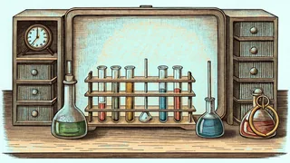 Beakers of colored liquid, a stopwatch and a rack of sealed test tubes on a laboratory bench.