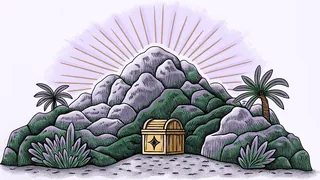 Sunlit mountain peak with salt deposits gleaming and treasure chest resting below