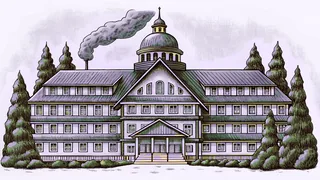 A grand mountain lodge stands beneath snowy peaks with smoke rising skyward.