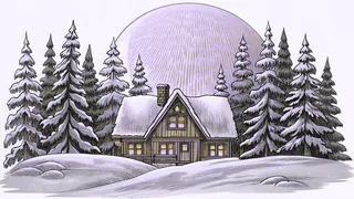 A snow-covered mountain lodge stands beneath tall pines under a full moon.