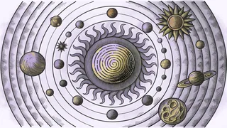 Sun-centered solar system with eight orbiting planets, asteroids scattered, distant Kuiper Belt visible.