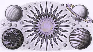 The sun at center surrounded by orbiting planets and floating asteroids