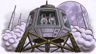 Apollo lunar module descending to the lunar surface with suited astronauts and rockets launching in distance.