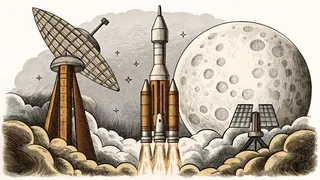 A rocket launches toward a cratered moon with satellites and spacecraft orbiting among distant stars.