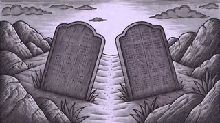 Two stone tablets positioned on rocky mountainside with golden clouds overhead