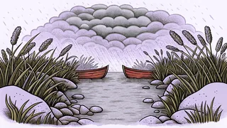 River swollen with red water, frogs scattered everywhere, insects and hail falling
