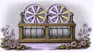 A time machine laboratory features brass coils above a workbench with crystalline structures and withering flowers nearby.