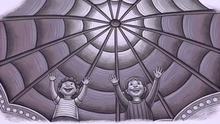 A joyful playground shows happy children playing beneath colorful canopies with swings and slides scattered around.