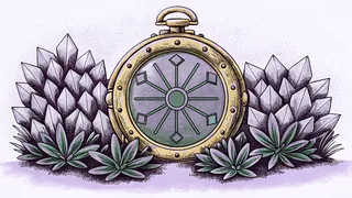 An ornate brass time machine sits surrounded by crystalline flowers.