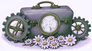 A gleaming brass time machine rests amid mechanical gears and withered blooms.