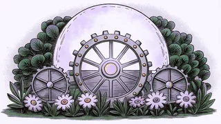 An intricate brass time machine glimmers amid mechanical parts and faded flower petals.