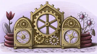 A Victorian-era time machine sparkles with brass and crystal beside mechanical components.