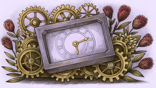 An elaborate time machine constructed of brass and crystal rests among scattered gears.