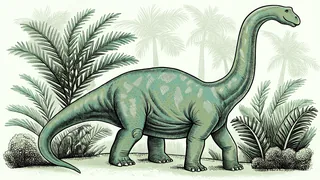 Triassic period scene with first dinosaurs and volcanoes.