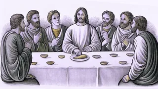 Twelve disciples seated around table sharing bread and fish meal
