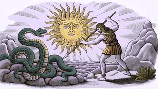 A muscular warrior in ancient garb fighting a multi-headed serpent.
