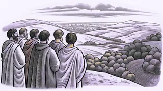 Group of robed figures on a hilltop overlooking a fertile valley.