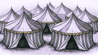 Desert camp with twelve distinct tents arranged in circle under starlit night
