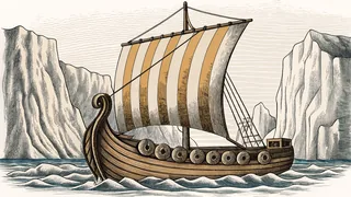 A Nordic longship with square sail navigates a dramatic ice-carved fjord between towering glacial cliffs.