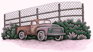 An abandoned vehicle and barbed-wire fencing stand amid wild, overgrown landscape.