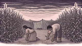 Wampanoag people harvest maize near traditional shelters overlooking fishing waters.