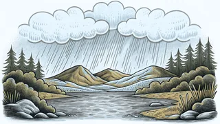 Water cycle visualization with ocean, clouds, rainfall, river, and mountain glacier.