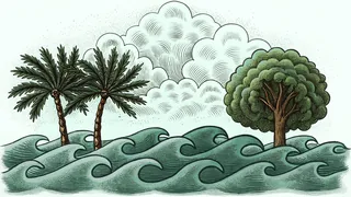 Weather scene showing precipitation over ocean and landscape