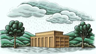 Landscape showing rainfall over mountains with water runoff.