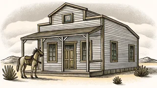 Wooden frontier saloon standing in harsh desert sunlight with a saddled horse tied outside and a revolver on display.