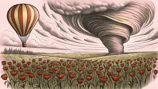 A dark cyclone swirls above a poppy field as a hot air balloon drifts near a glowing emerald skyline.