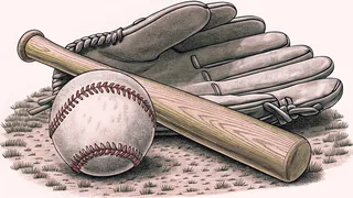 A baseball and wood bat sit on infield dirt with a leather mitt nearby.