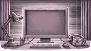 A vintage computer monitor and telephone sit on a cluttered office desk.