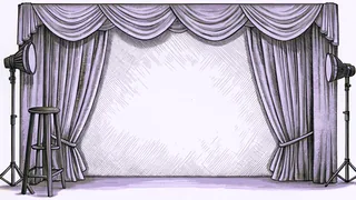 A velvet stage curtain and spotlight rig stand over an empty rehearsal stool.