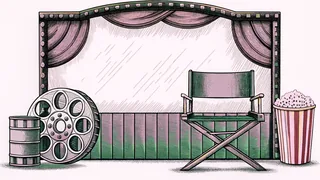 A brass film reel and director's chair sit beside a striped popcorn box on a plush lobby rug.