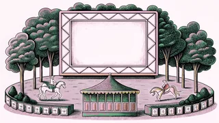 A blank park map rests beside a carousel horse and unmarked ticket stubs on a counter.