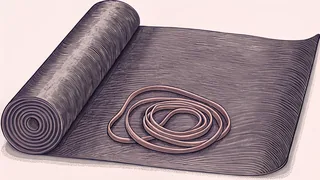 A rolled exercise mat beside a looped rubber resistance band.