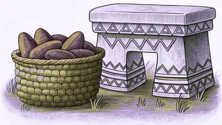 A basket of yams sits beside a carved ceremonial stool in a village clearing.