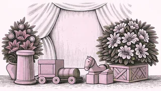 Arrangement of treasured items including flowers, toys, a pet, and keepsakes.