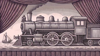 A vintage train engine stands beside a small sailboat near a wooden dock.